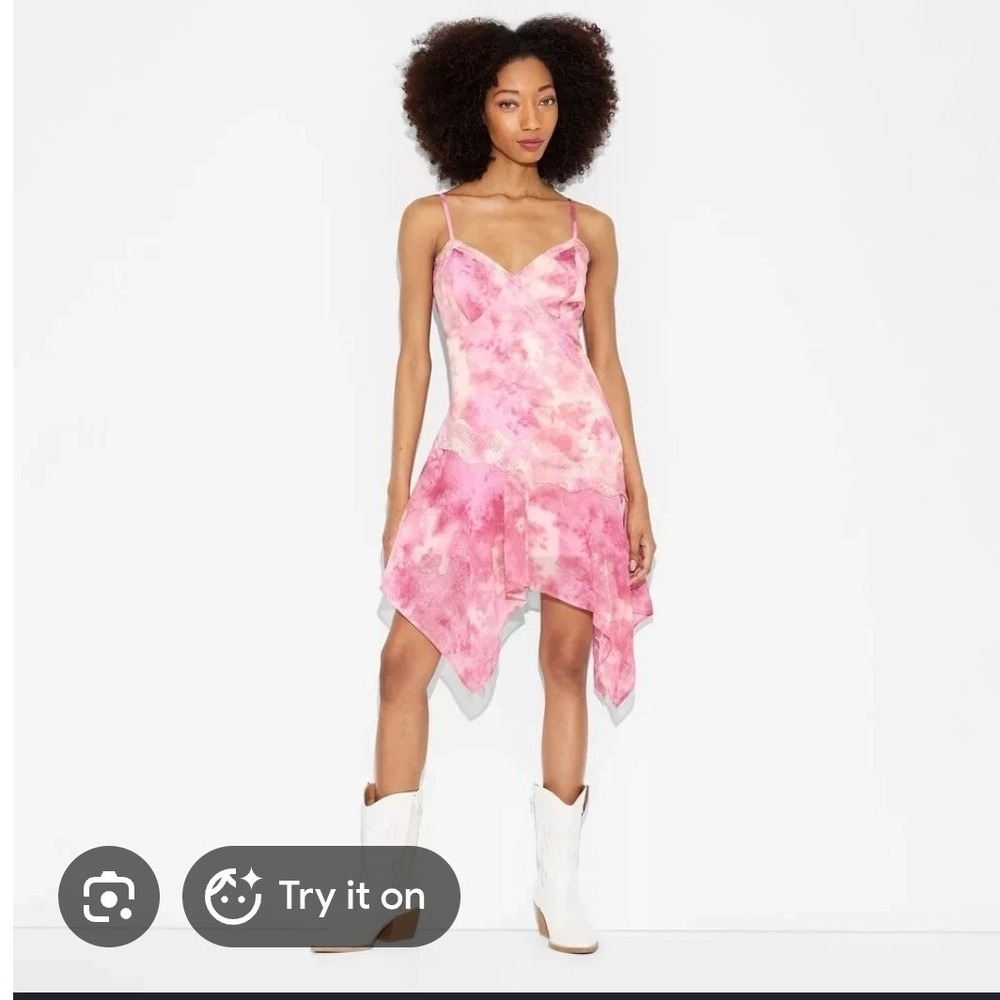 NWT Wild Fable Pink Fairycore‎ Tie Dye Asymmetrical Lace Trim Midi Dress Sz M